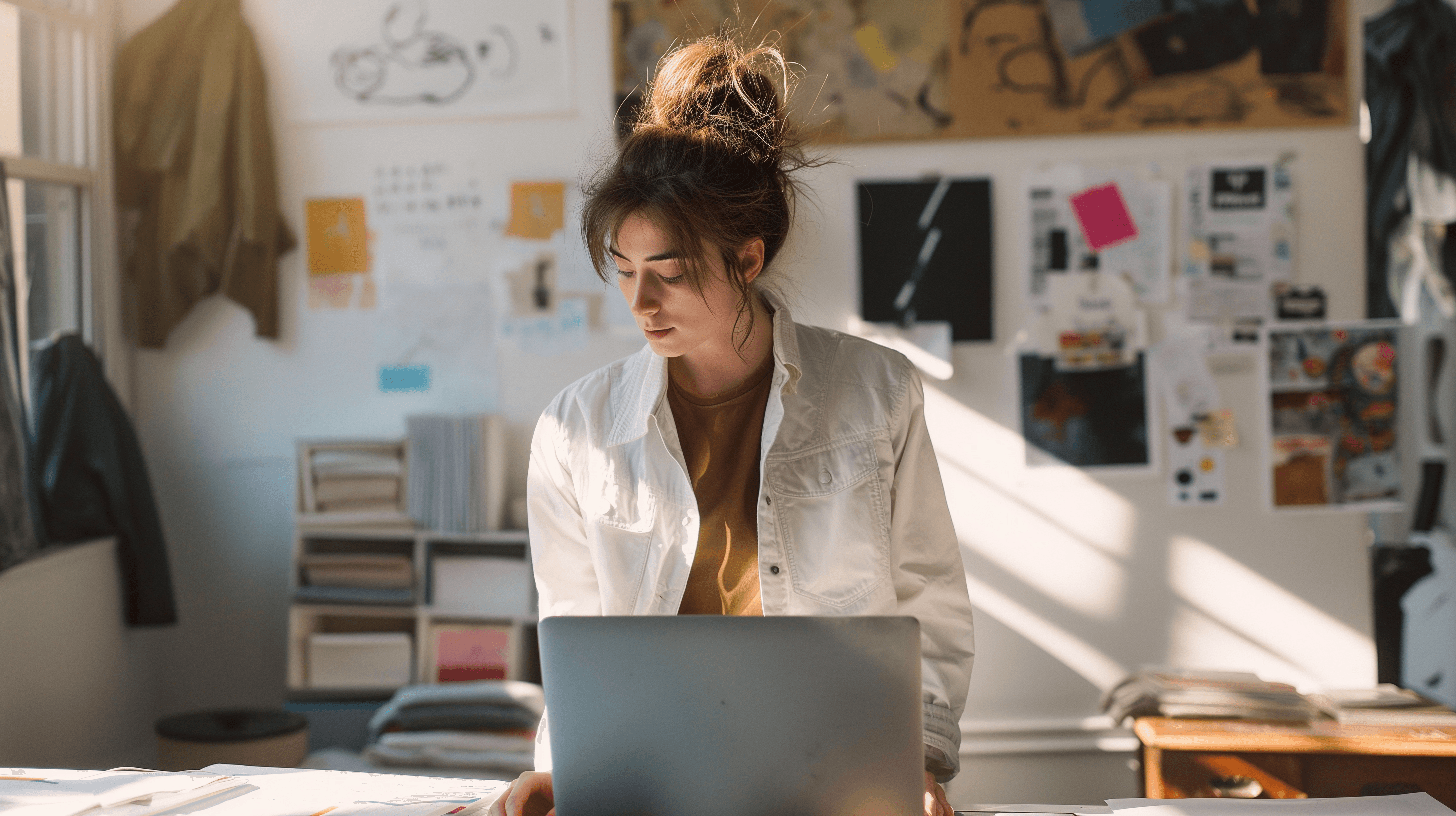Diseñadora revisando en su laptop el desarrollo de su colección, con su moodboard al fondo